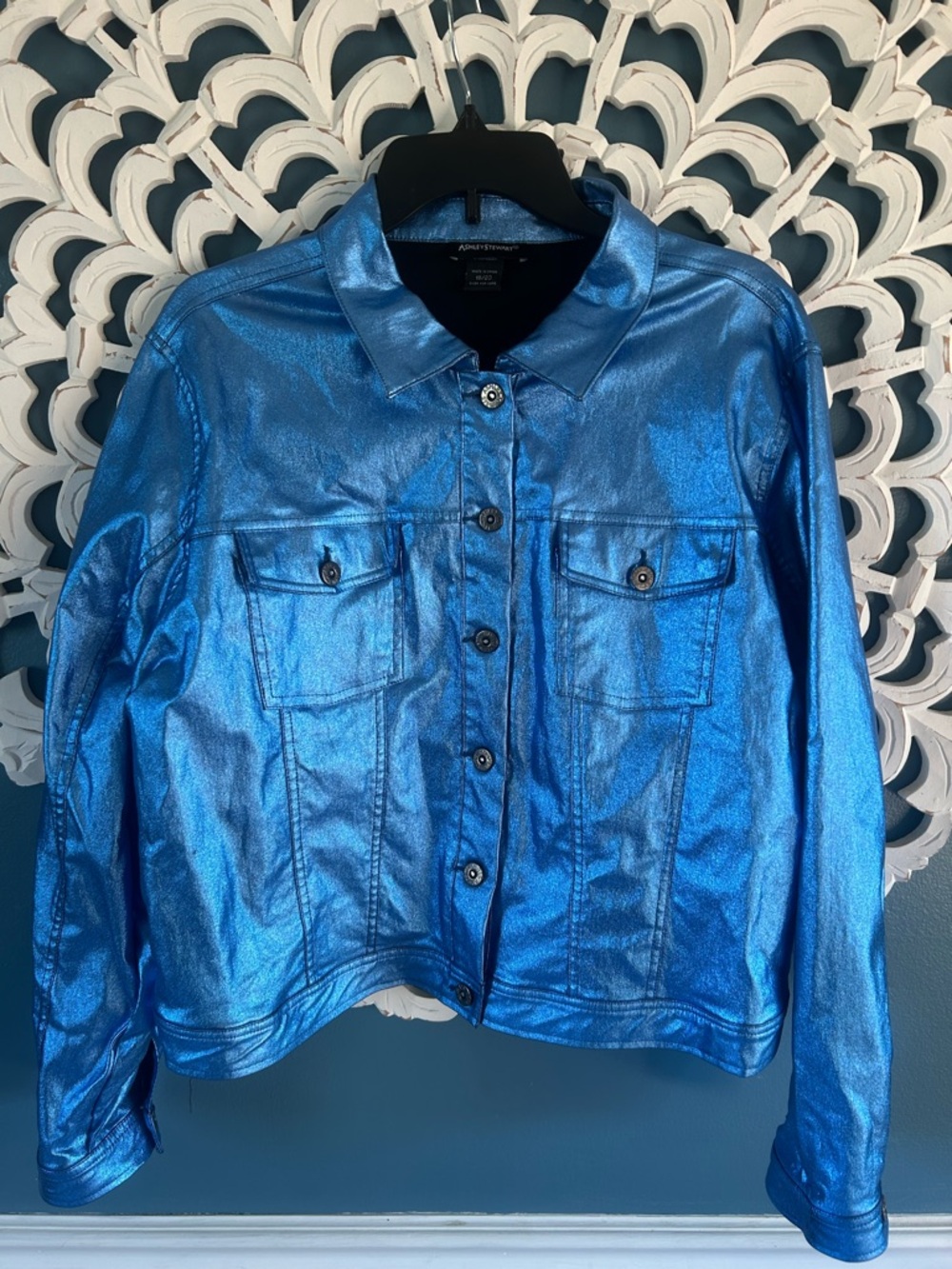 Ashley Stewart Metallic Blue Button-Front Jean Jacket